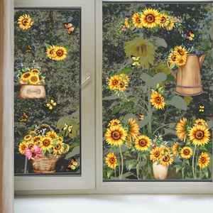 Sunflower and butterfly window stickers set with watercolor floral basket and watering can