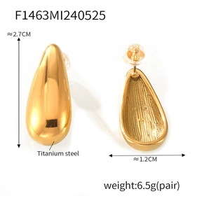 Macro view of gold titanium steel teardrop stud earrings with precise dimensions