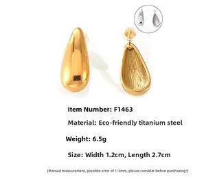 Detailed spec view of gold teardrop titanium steel earrings with weight and size info