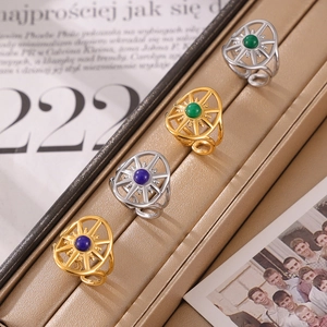 Retro vintage eight-point star natural stone open rings in gold and silver finish