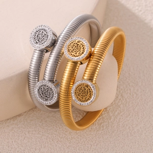 Bracelet Jonc Spirale En Acier Inoxydable Calligraphie Arabe Évidé Rond Strass Manchette Ouverte Bijoux Ethniques Pour Femmes