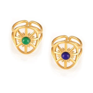 Vintage gold starburst rings with green and blue natural stones in open titanium steel