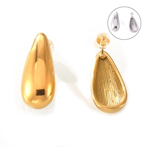 Polished teardrop stud earrings in gold and silver with striped texture backing