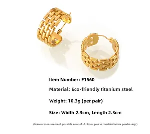 Detail showing cross-weave texture and dimensions of golden titanium steel C-shape earrings