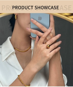 Polished 18K gold plated jewelry set featuring open ring, chain necklace and bracelet