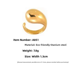 Polished 18K gold plated stainless steel teardrop ring weighing 7.8g with 1.3cm width