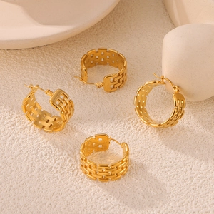C-Shape Hoop Earrings Stainless Steel Woven Braided Texture Hollow Grid Gold Plated Vintage Fashion Jewelry For Women