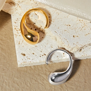 Water Drop Ring Stainless Steel 18K Gold Plated Adjustable Minimalist Organic Fluid Teardrop Non-Tarnishing Women Jewelry