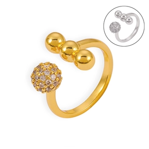 Minimalist open sphere ring with micro-pave zircons and polished spheres in gold finish
