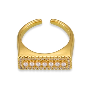 Elegant gold-plated open ring with a rectangle of seven pearls and micro-pave crystals