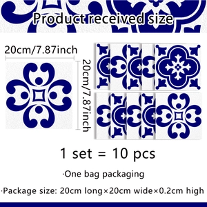 Self-adhesive 20x20cm blue floral tile stickers in a pack of 10 for kitchen decor