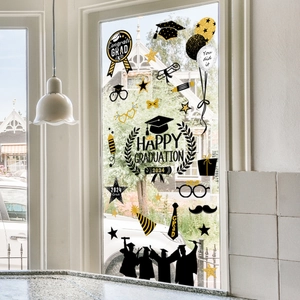 Detail view of 2024 graduation party window decals with balloons and caps on glass