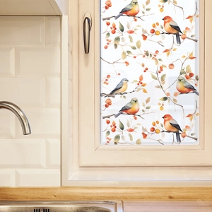 Cartoon bird and berry branch decorative static window clings for home kitchen decor