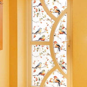 Detailed frosted glass sticker with colorful birds and berries on tree branches