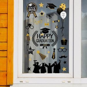 Black and gold 2024 graduation static window clings set with mortarboard and stars
