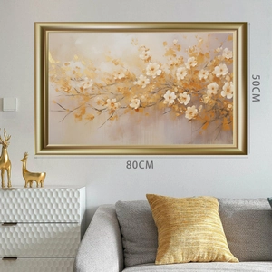 Modern minimalist floral wall art with champagne gold frame, sized 80x50cm for living room