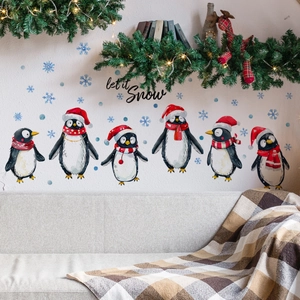 Christmas Wall Stickers Cartoon Penguin Let It Snow HoHoHo Snowflake PVC Self Adhesive Waterproof Decals For Bedroom Decor