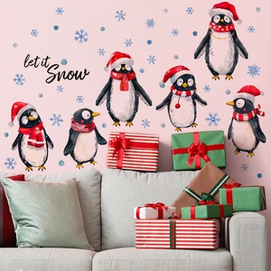 Cartoon penguin Christmas wall stickers with Let it Snow text for festive home decoration