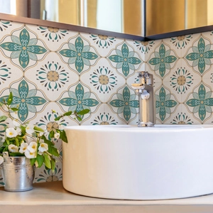 Retro European floral tile stickers in blue and gold for bathroom wall decoration