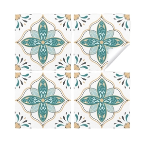 Retro blue and gold floral tile stickers with self-adhesive backing in 4-piece set