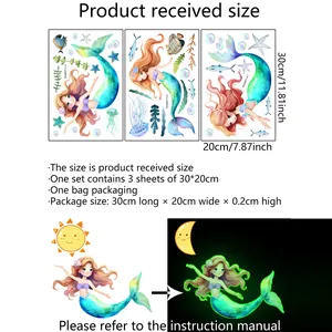 Size chart for glowing mermaid wall stickers including three 30x20cm sheets and dimensions