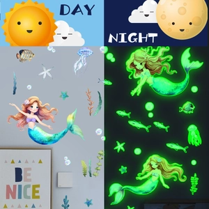 Glow in the dark mermaid and sea creature wall decals showing day and night effects