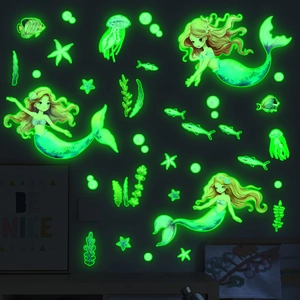 Luminous mermaid and starfish wall stickers glowing in the dark for kids room decor
