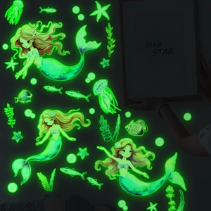 Luminous mermaid and ocean creatures wall stickers glowing in the dark for kids room decoration