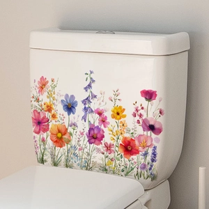 Floral watercolor toilet seat wall decal with colorful wildflowers for bathroom decor