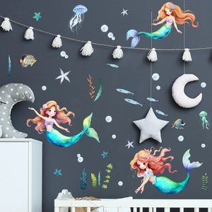 Luminous mermaid wall stickers with jellyfish and starfish for kids room wall decor