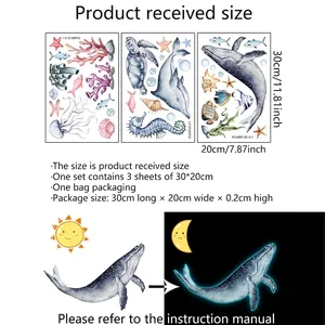 Luminous ocean world wall stickers with whales and turtles, set of 3 sheets 30x20cm size