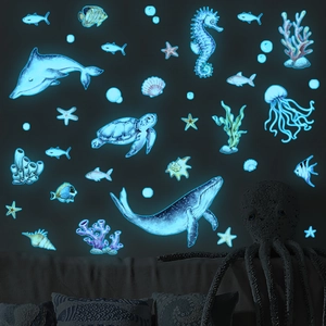 Luminous ocean world wall stickers with whales and turtles for kids room decoration