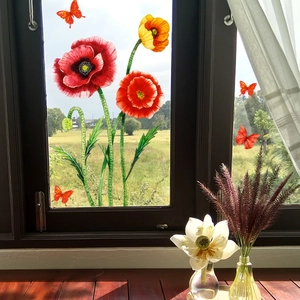 Floral red poppies and butterflies self-adhesive wall stickers for window decoration