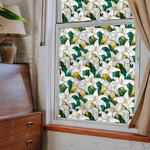 Artistic lily flower stained glass window film for privacy and home decoration