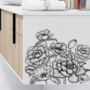 Black line art floral decals for white bathroom cabinets with elegant peony patterns