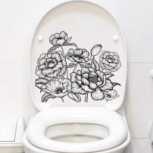 Modern black line floral toilet lid sticker with hand-drawn peonies for bathroom decor