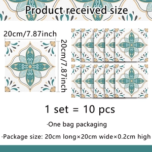 Set of 10 mandala tile stickers in cyan and gold, vintage 20x20cm wall decals