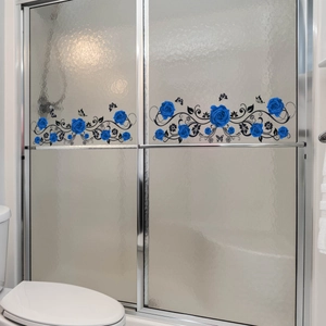 Elegant blue rose and butterfly glass window decals for bathroom and mirror decoration