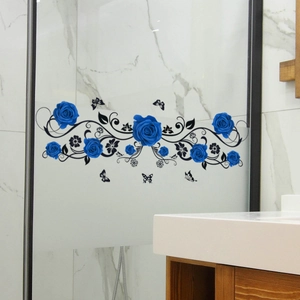 Blue rose and butterfly glass sticker decoration for bathroom mirror or window