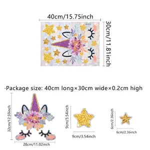 Size chart showing 40x30cm colorful unicorn castle sticker and star dimensions detail
