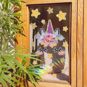 Colorful holographic unicorn window decals with gold stars for bedroom glass decoration