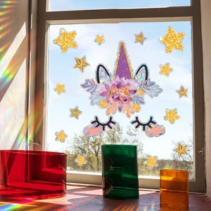 Holographic unicorn window decals with gold glitter stars for creative home decoration