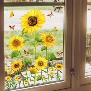 Sunflower and butterfly static cling window stickers on glass for home decoration