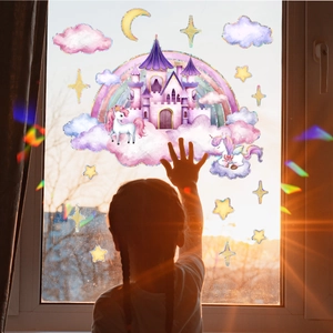 Rainbow holographic unicorn castle window clings for kids room with colorful star decals