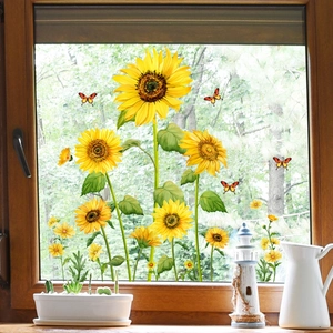 Floral sunflower window stickers with yellow petals and butterflies for glass decor