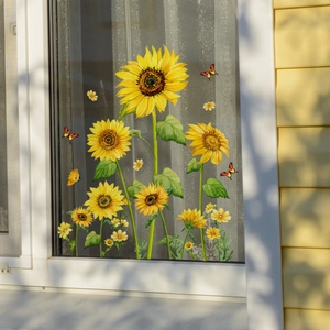 Sunflower and butterfly static glass window decals for home decor