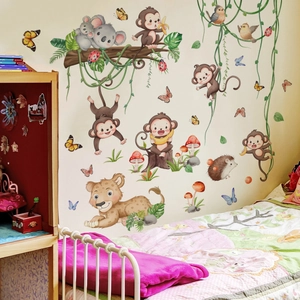Cartoon forest animals wall decal with monkeys and koalas for a cozy nursery decor