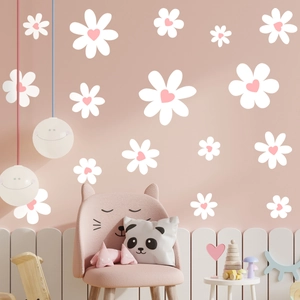 Minimalist white daisy wall decals with pink hearts for kids bedroom and living room decor