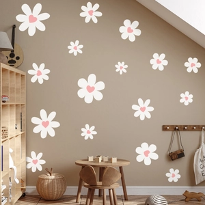 Pink heart-centered white flower wall stickers set for cozy nursery and bedroom wall decor