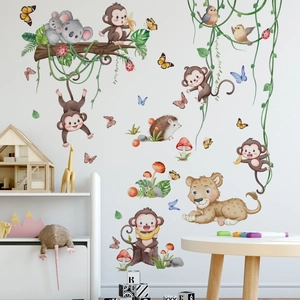 Detailed wall decals featuring cute forest animals, koala, and monkeys in a nursery scene